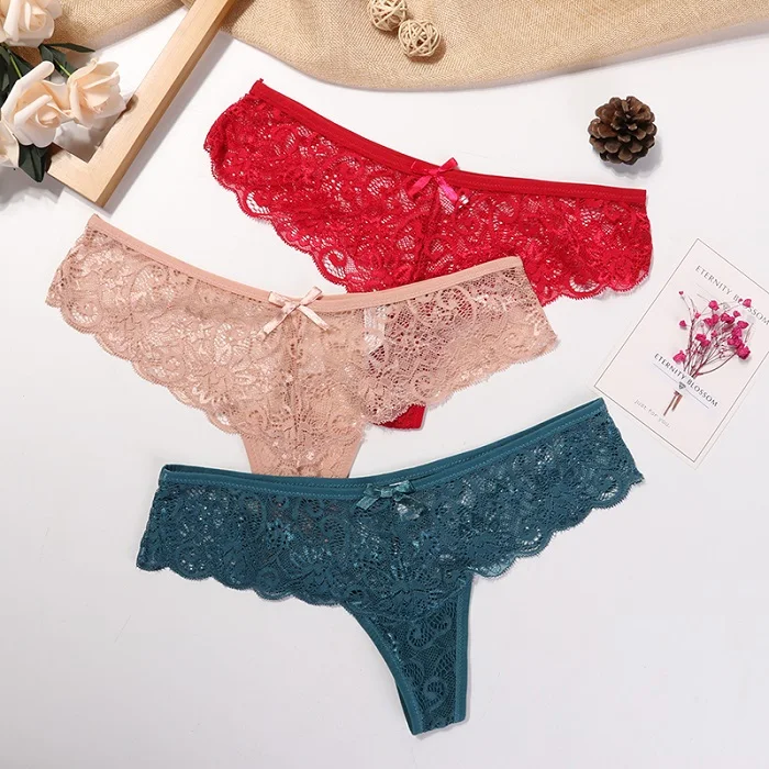 

3 Pcs Panties Underwear Woman Lace Thong G-String Sexy Nylon Spandex Lingries Ladies Girls Low-Rise T-back Thongs Female Fashion