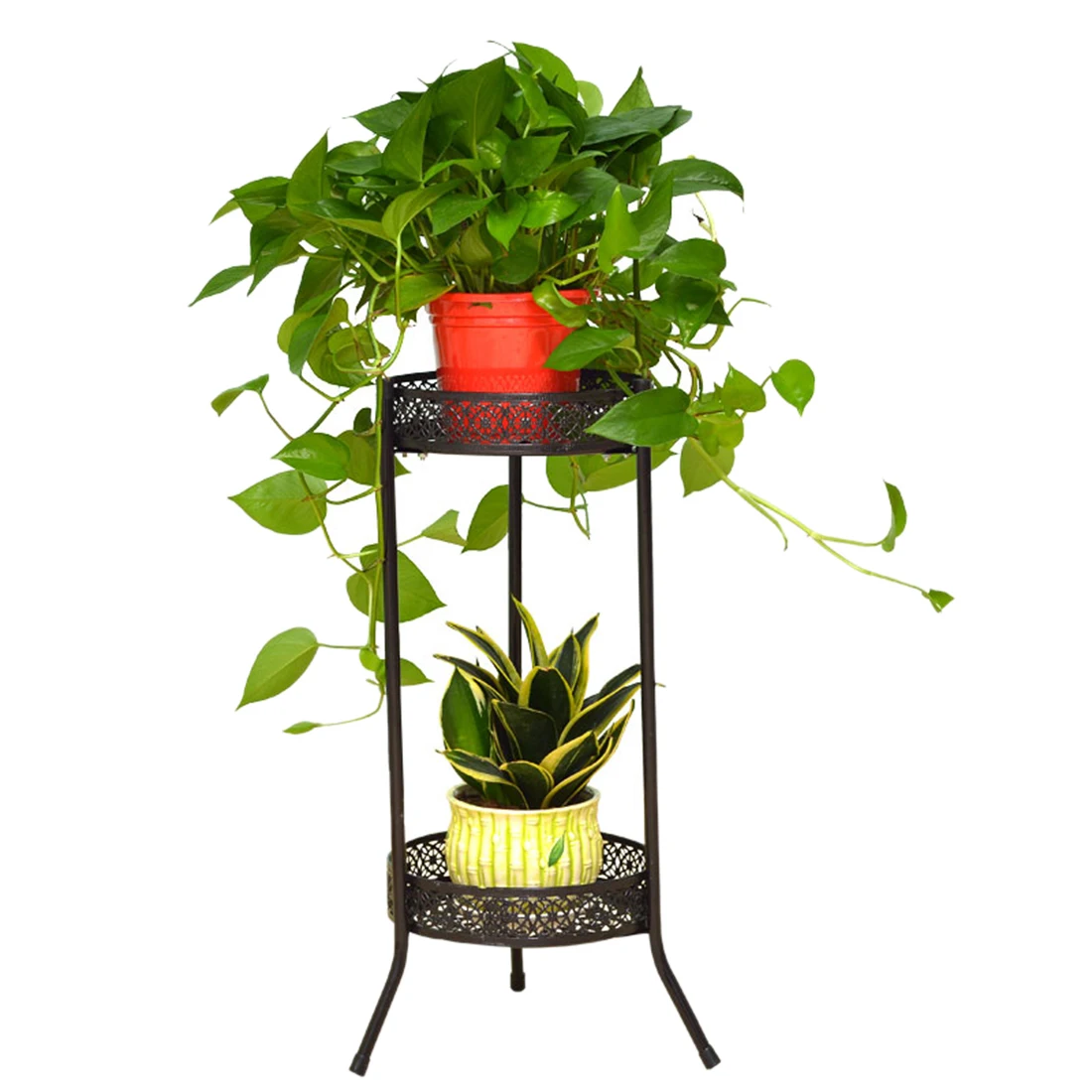 

2pcs/set 60cm Wrought Iron Planter Stand Multilayer Balcony Flower Pot Holder with Hollow Pattern - Black