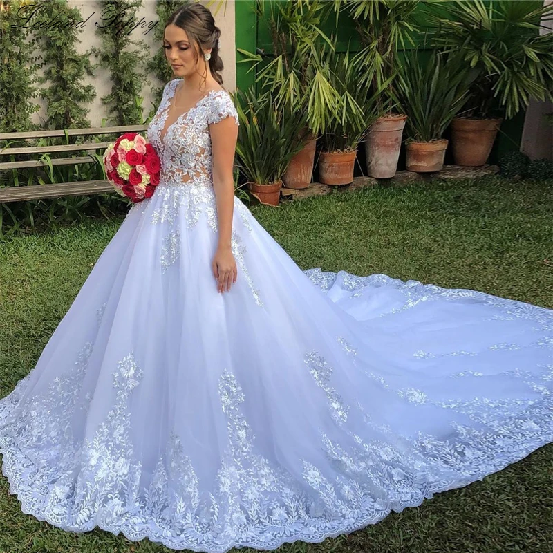 Vestido de Noiva женские трапециевидные Свадебные платья соборный поезд без рукавов с кружевным орнаментом расшитые стразами свадебные платья