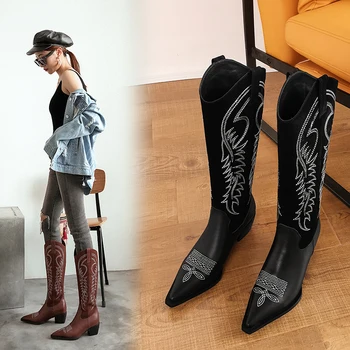 

Women Leather boots Knee-high boots 22-24.5cm Retro Totem carving Cowhide + cow suede spring and autumn boots women winter boots
