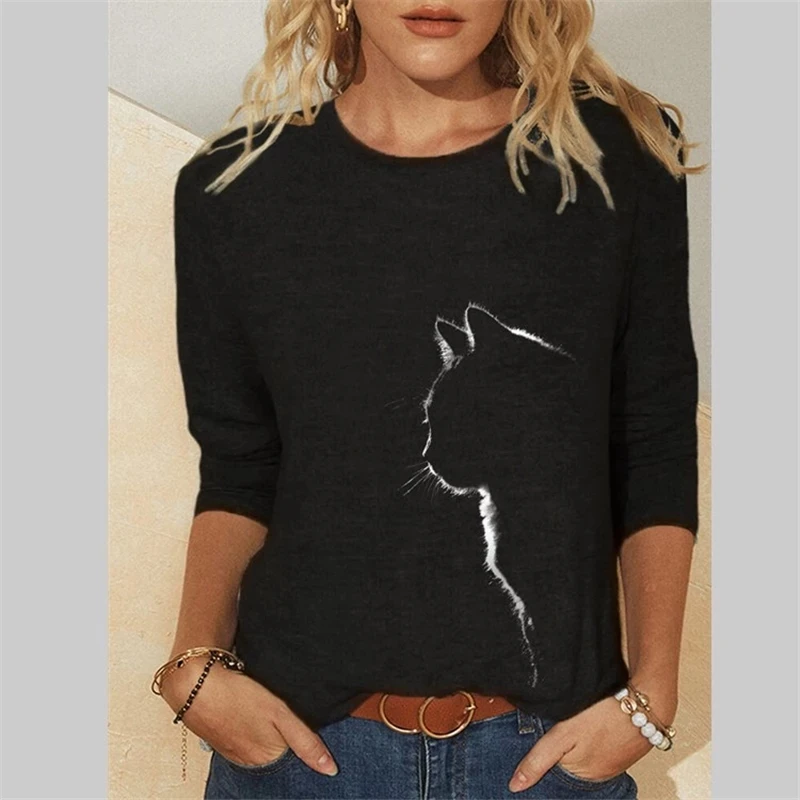 

Women Clothes Spring Summer Casual Women's Clothing Funny Cute Cat 3D Print Long Sleeve T-Shirts Female Ladies Fashion Tops