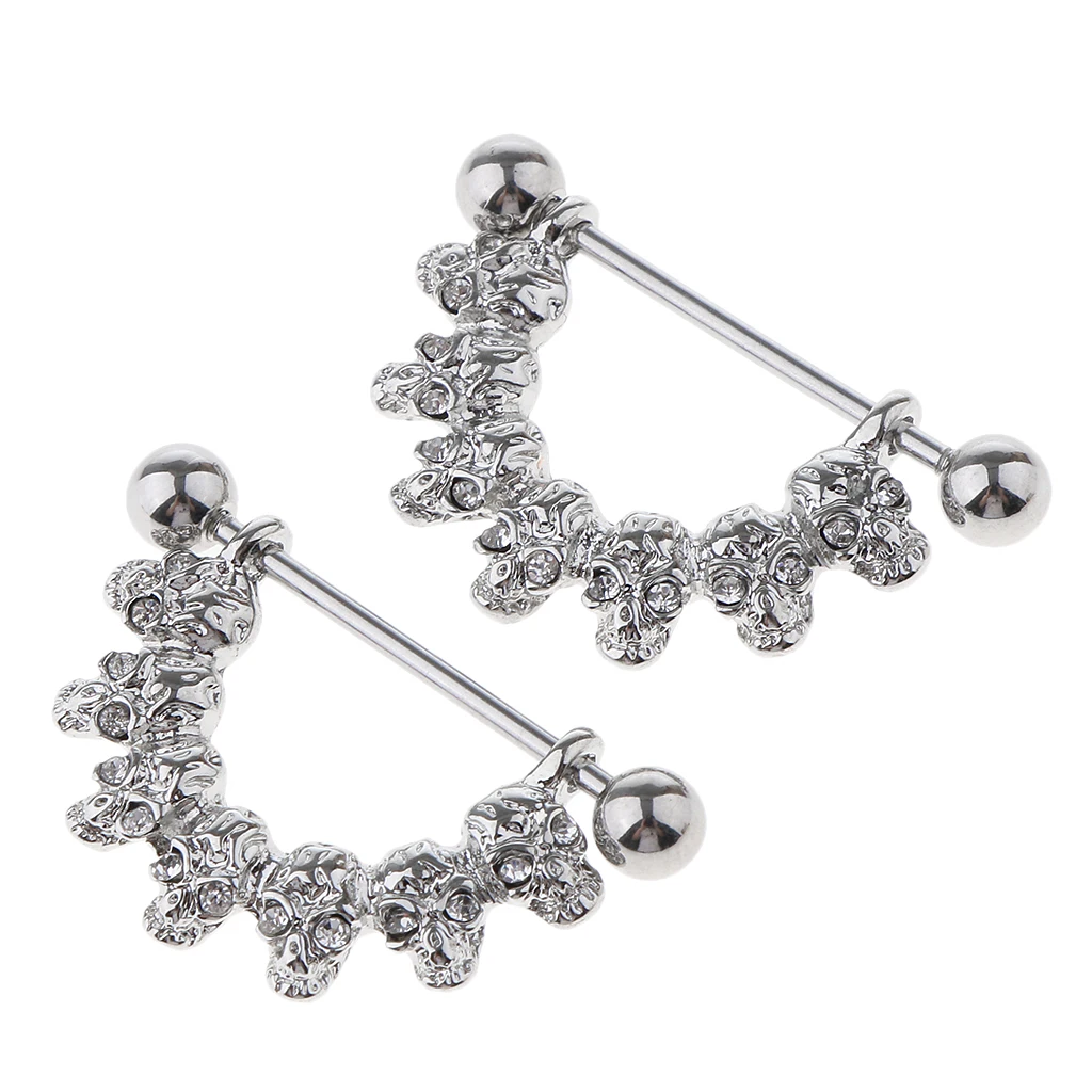 1 Pair Dangle Skull Charm Nipple Ring Rhinestone Eyes Circle Shield Body Jewelry 16 Gauge Sexy Lady