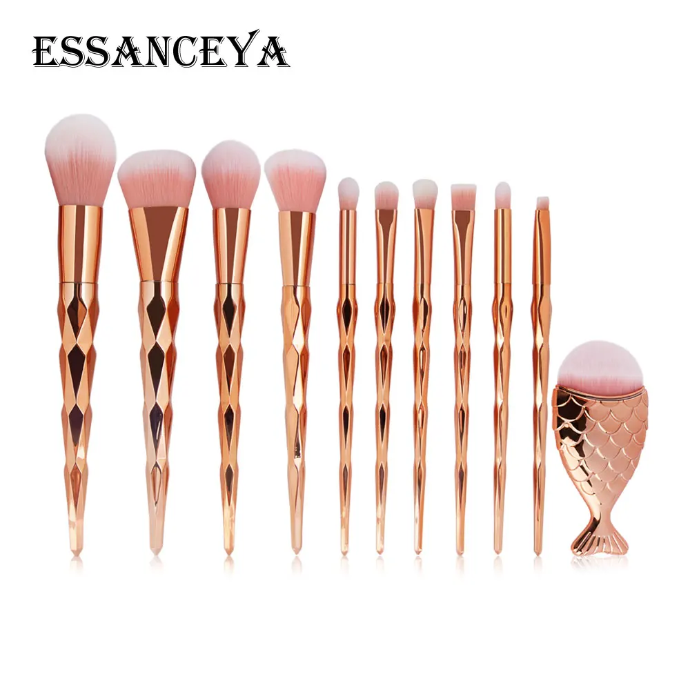 11PCS ESSANCEYA Горячая 11/21 шт. Русалка алмазные кисти для макияжа комплект рыбий хвост основа для макияжа лица Румяна Тени для век макияж кисть для смешивания кисти для макияжа - Handle Color: 11PCS