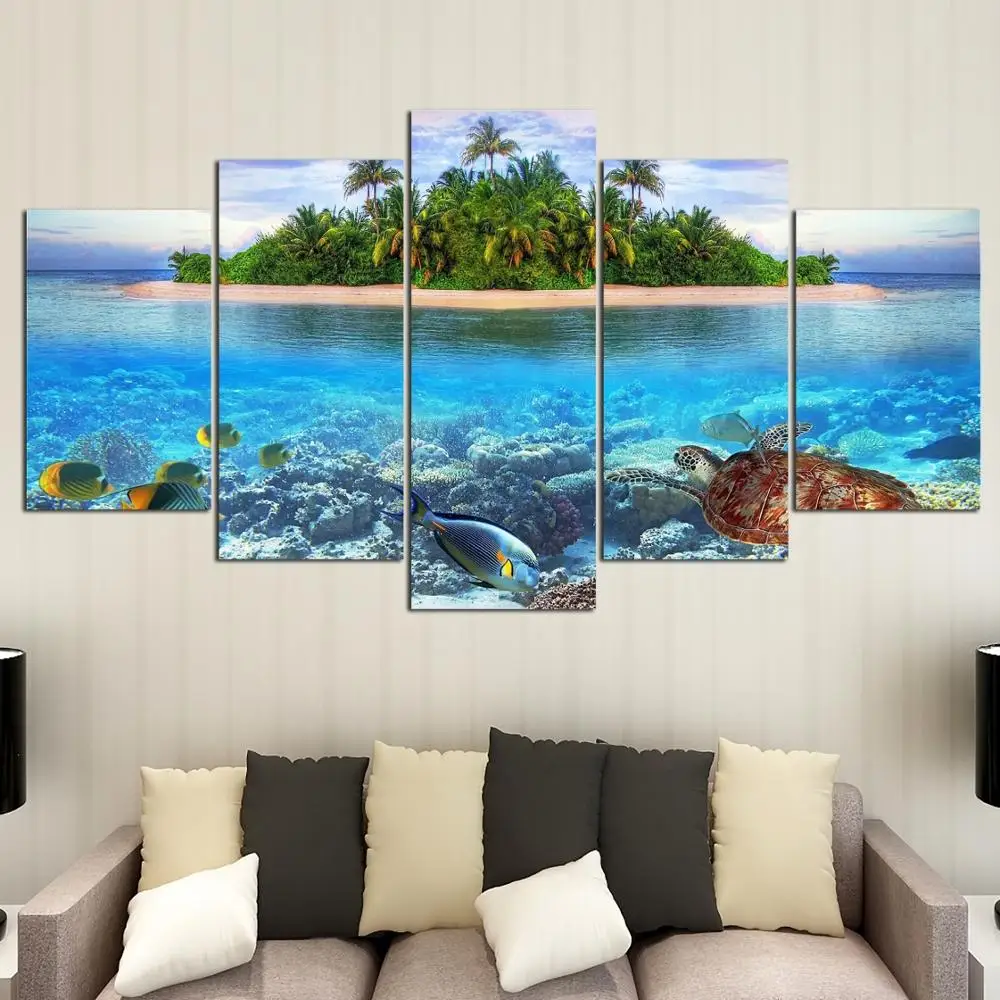 Lienzo Pinturas Arte De La Pared 5 Piezas Vida Marina Isla