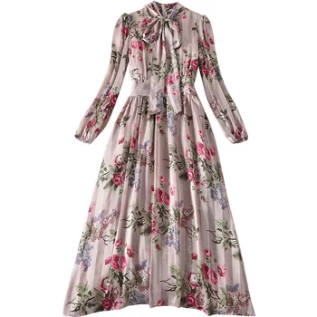 

Chiffon Dress 2020 Spring Women's New Long Sleeve Stand Collar Bow Flowers Printed Slim Gray Fairy Dress Knee Length S-XL