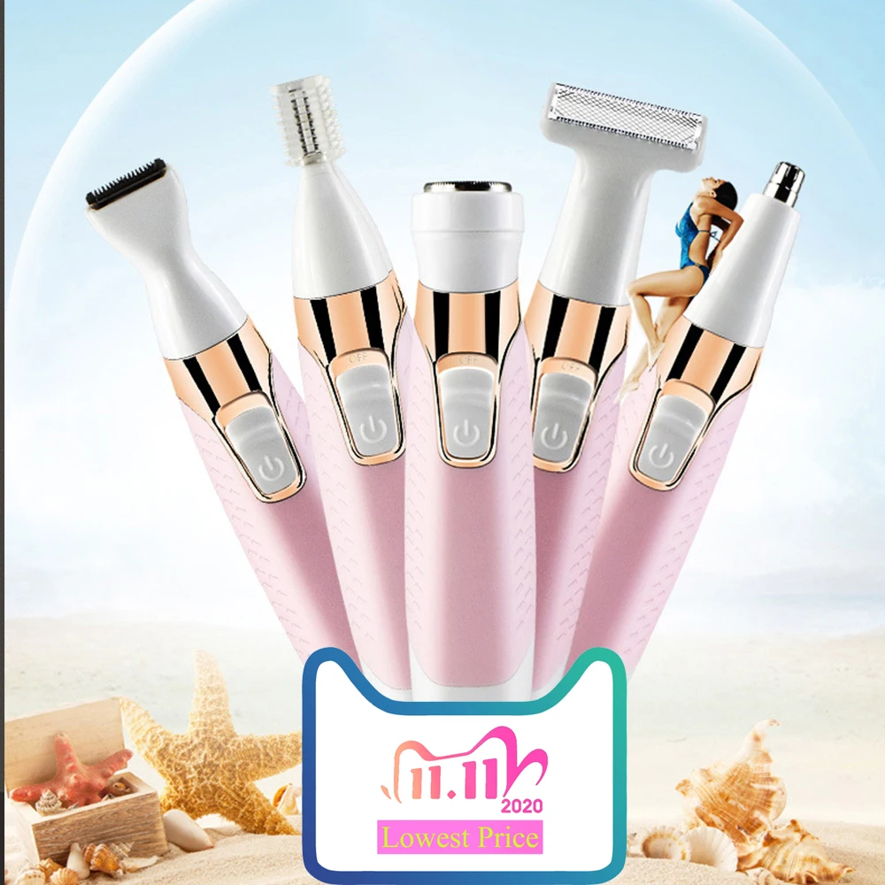 

5in1 Women Epilator Professional Hair Removal Shaver Set For Nose Arm Legs Armpits Bikini Hair Removal Trimmer Wireless Epilator