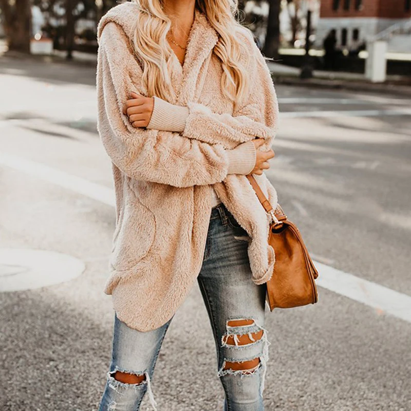 

Fashion Elegant Faux Fur Coat Women Autumn Winter Warm Soft Cardigan Jacket Solid Full Sleeve Hooded Plush Coat For Women