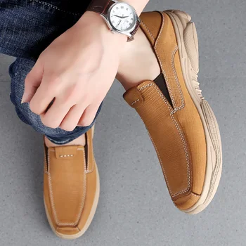

Fashion leather casual flat waterproof non-slip breathable men's leather soft leather comfortable Lok Fu men's shoes