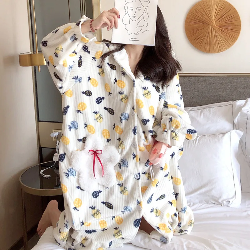

065 # Color Pineapple YD Cardigan Little Fairy Long Sleeve Casual Brushed And Thick Tracksuit Nightgown Set