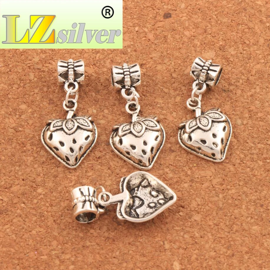 Strawberry With Leaf Big Hole Beads 14.7x30.5mm 100PCS zinc alloy Dangle Fit European Bracelets Jewelry DIY B930