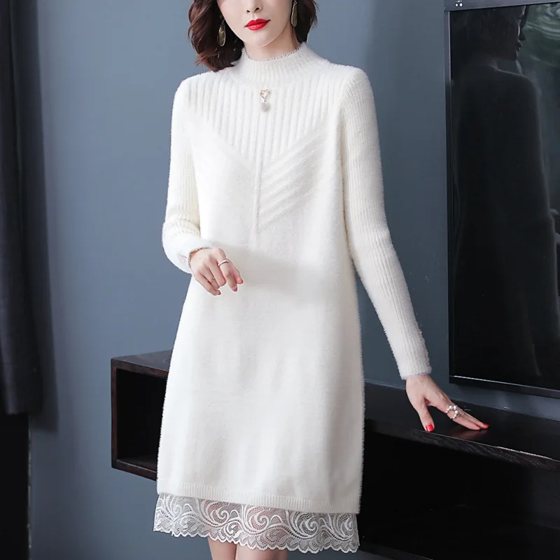 

Europe And America WOMEN'S Dress Autumn And Winter Jersey Dress Western Style Loose-Fit Mid-length Very Fairy of Versatile Lace