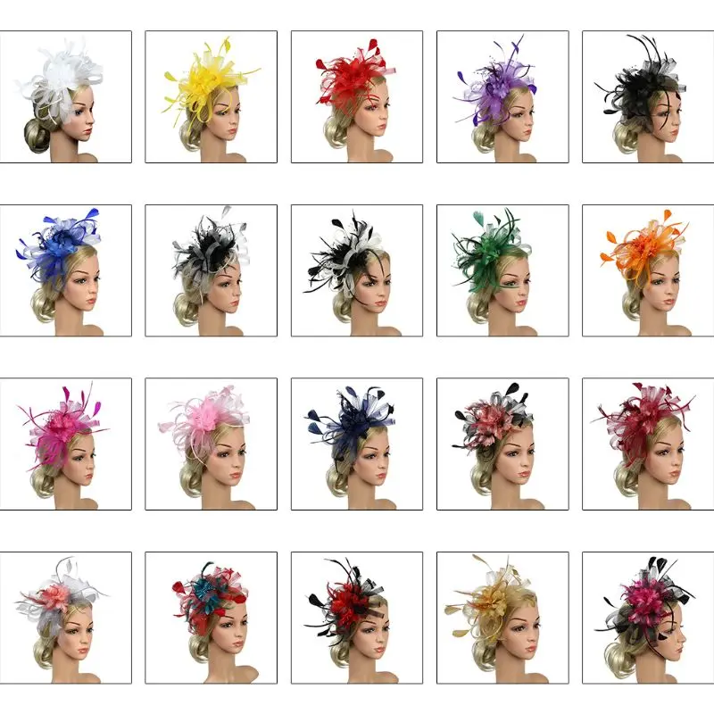 Женская шляпа-Вуалетка из перьев и сетчатой ленты контрастного цвета с цветком, свадебная повязка на голову