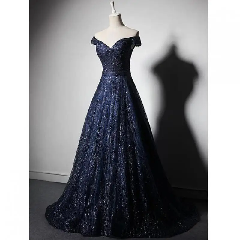 Сексуальное глубокое вечернее с вырезом «Лодочка» платья Robe De Soiree модное шикарное вечернее платье с блестками вечернее платье для выпускного вечера - Цвет: navy blue