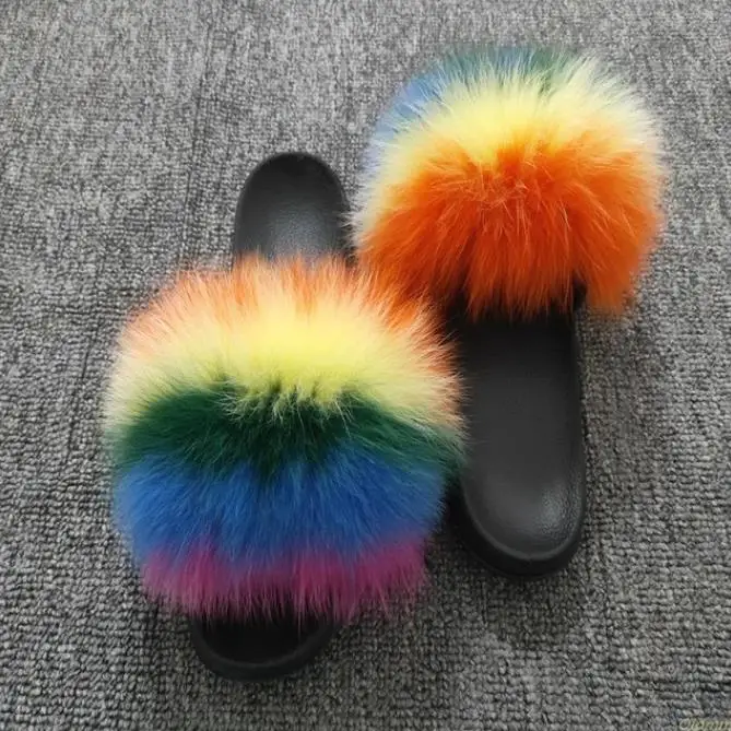 Real Raccoon Fur Slippers Women Sliders Casual Fox Hair Flat Fluffy Fashion Home Summer Big Size 45 Furry Flip Flops Shoes - Цвет: fox