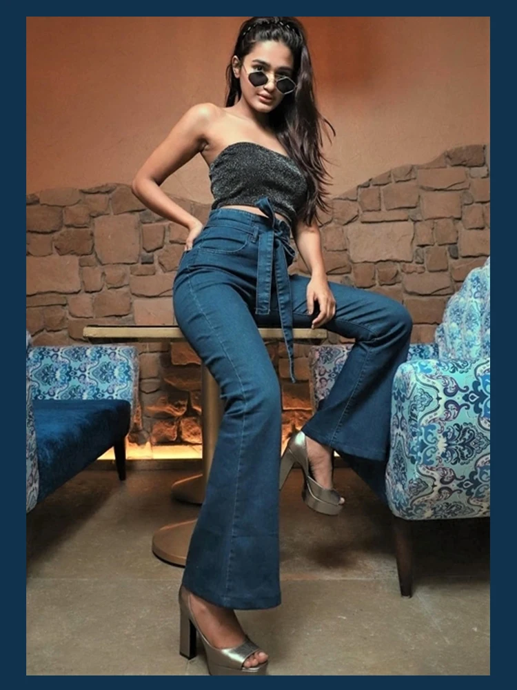 Skup Sheinside granatowy krawat talia jeansy rozkloszowane spodnie jeansowe damskie Vintage odzież damska 2018 spodnie z wysokim stanem spodnie z wysokim stanem rozciągliwe