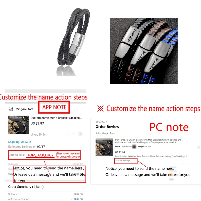 Punk-Charm, individueller Name, schwarz/braun/blau/kaffeefarbenes geflochtenes Lederarmband für Männer, gravierter Edelstahl für Damenschmuck – Detail 9