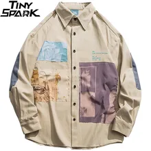 Хип-хоп мужские рубашки с длинным рукавом Уличная Harajuku рубашка с графическими нашивками Ретро винтажная рубашка Свободные повседневные топы Осень
