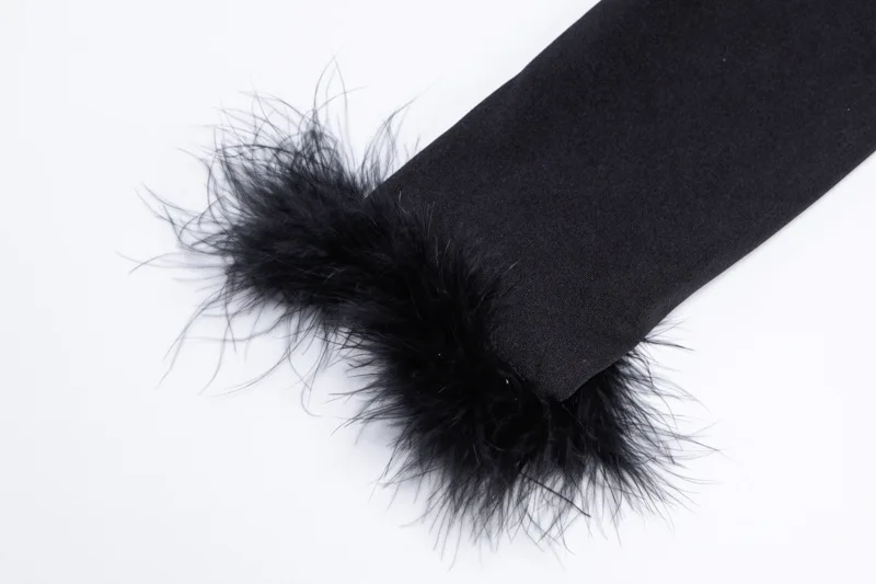 HAOYUAN, черный мех, Женский комплект из двух предметов, праздничная одежда с открытыми плечами, длинный рукав, короткий топ и юбка, сексуальная зимняя одежда для дня рождения