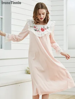

Irene Tinnie Women Nightown Embroidery Nightgowns Velvet Elegant Sleepwear L Winter Nightdress Pink