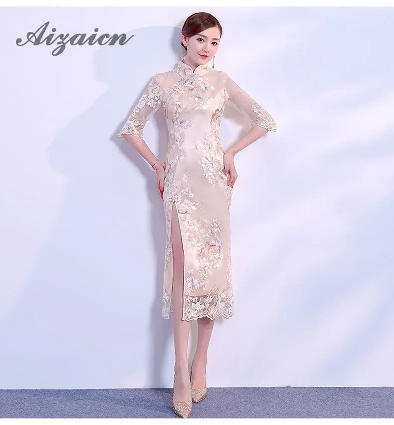 Китайское платье Ципао открытые вилки свадебные Qipao белый кружевной Китайский традиционный вечернее платье восточные платья вышивка Qi Pao