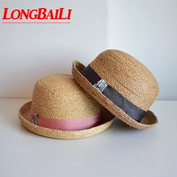 

LongbaiLi New Elegant Raffia Straw Bowler Hat For Women Sun Protect Fedoras SWDS144