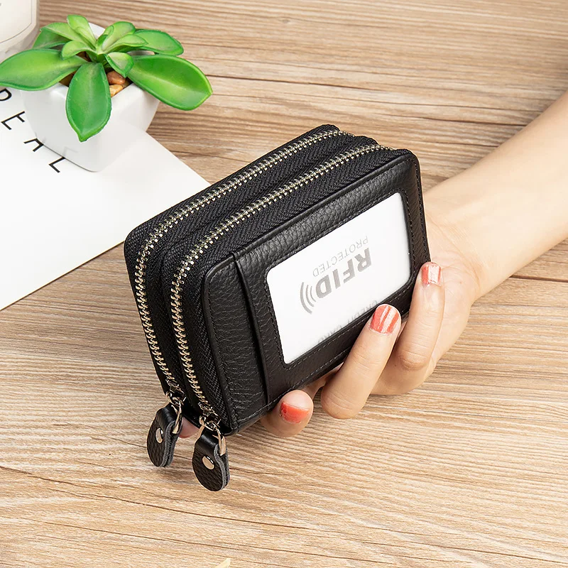 RFID Blocking Fashion Women Card Holder Genuine Leather Double Zipper Large Capacity Female Wallet Purse wallet card holder,card holder,credit card holder,card wallet,id card holder,id card case,passport holder