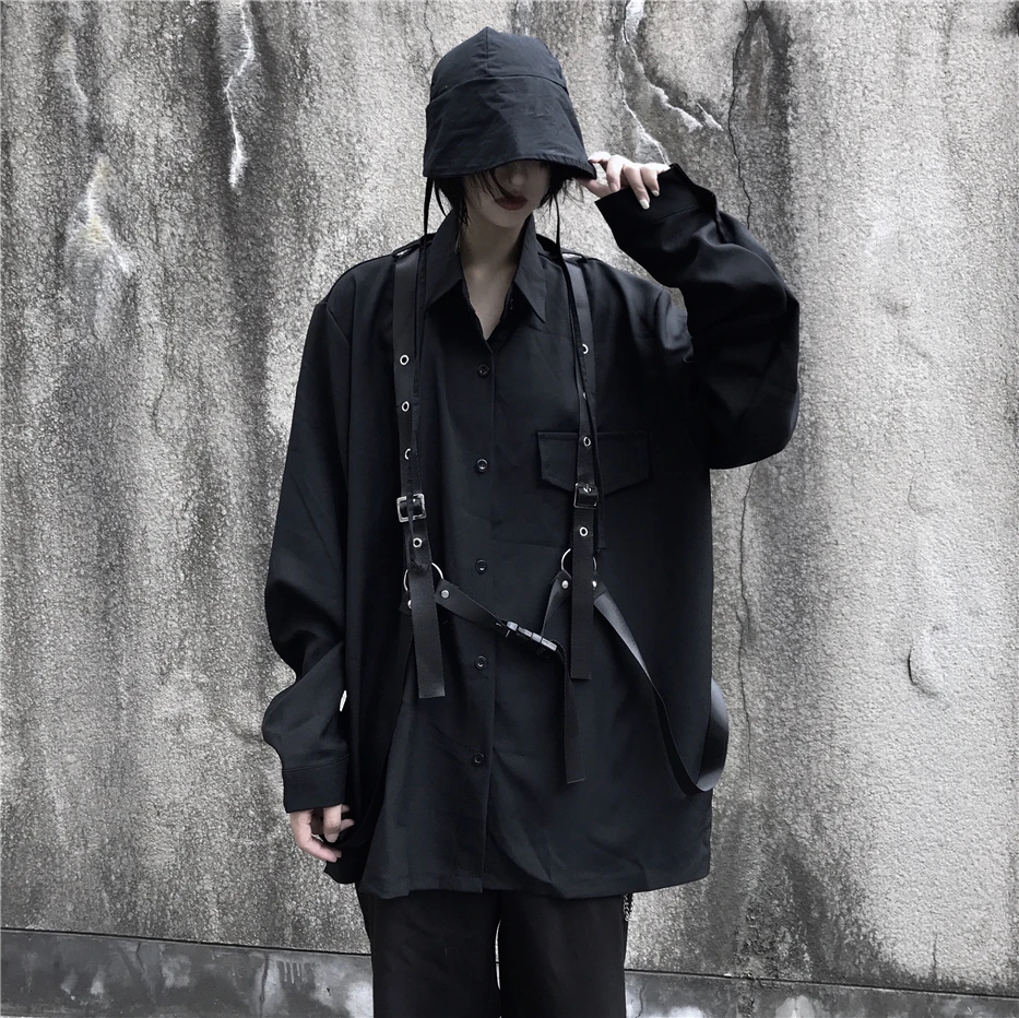 Neploe винтажная черная блуза с длинным рукавом Harajuku Женская Мужская рубашка Осенняя Корейская бандажная блузка средней длины топы пальто 55503