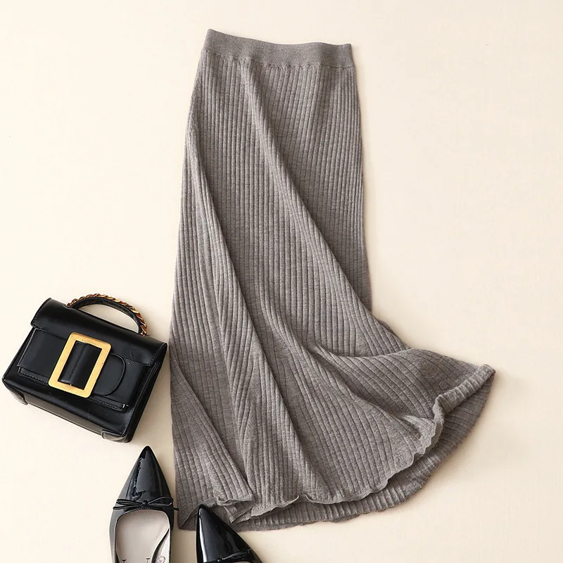 Shuchan Cashmere High Waist Mid Long Skirts for Women Warm Slim High Quality Fall Winter New Items A-Line Solid - Color: 18995