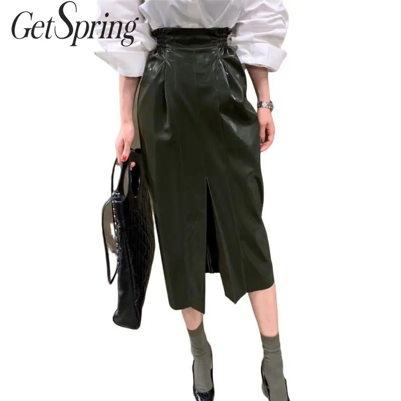 

GETSPRING Women Skirt Split Vintage High Waist Pu Leather Skirts Black Apricot High Waist Long Pu Leather Skirts Women 2019 New