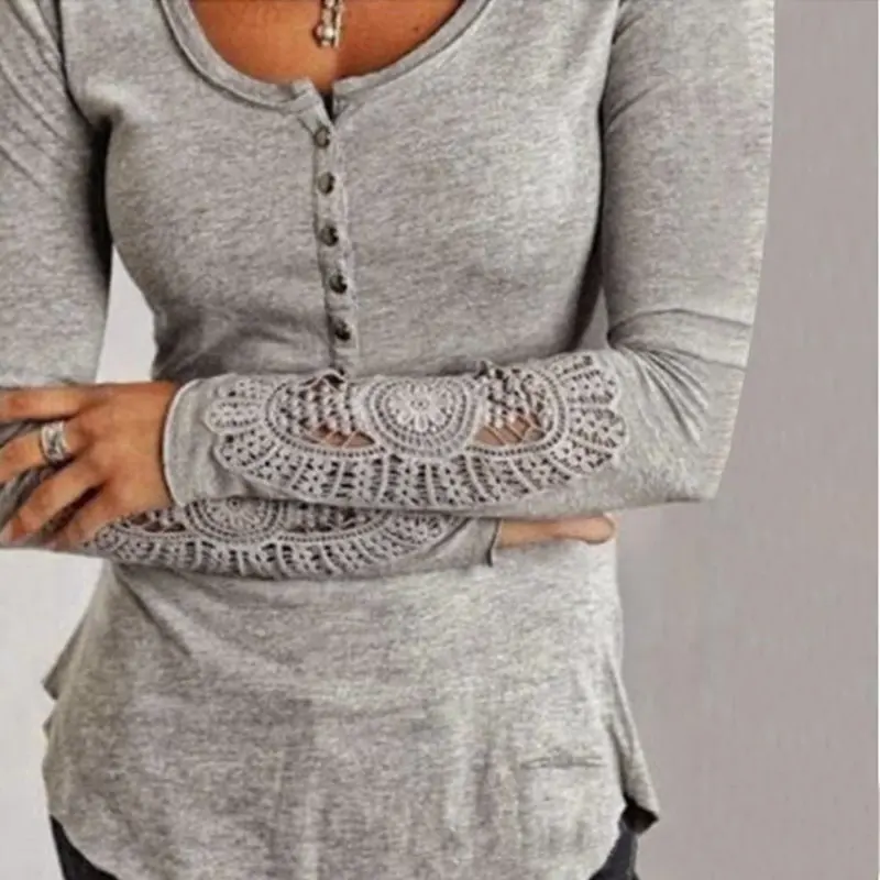 ZANZEA Women Long Sleeve Shirt Casual Autumn Lace Crochet Blouse Plus Size Solid Basic Tops Tunic Blusas Femininas Chemise Mujer