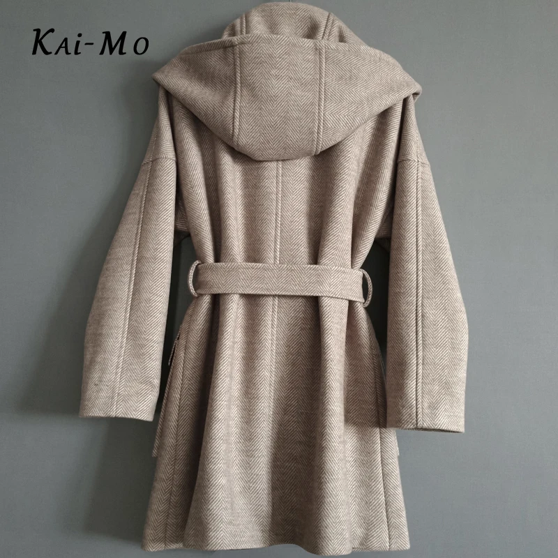KAI-MO Женская с длинным рукавом размера плюс шерстяная клетчатая с капюшоном куртка и пальто