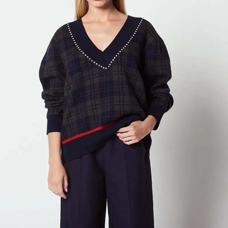 

2019 New Autumn Winter Women Classic Plaid V-neck Sweaer Office Lady Long Sleeve Pullover