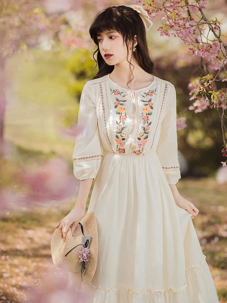 French Retro Dress Women Summer 2021 New Bowknot Lace Flower 