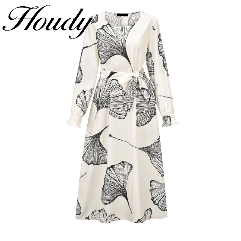 

Summer New Arrivals Ladies Long Skirts Fashion V-Neck Bohemian Long Sleeves Retro Printed Belt Long Women's Party Pleated Dress