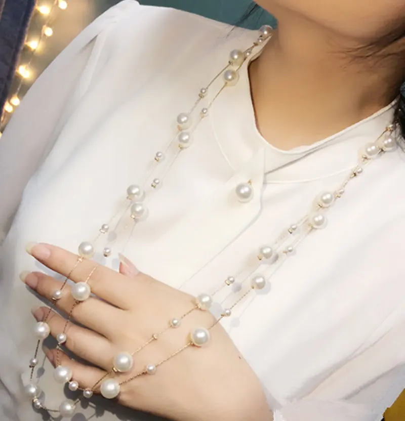 New Style Japanese Korean Autumn And Winter Double Layer Pearl Long Necklace Women's Sweater Chain Simple Versatile Trend M