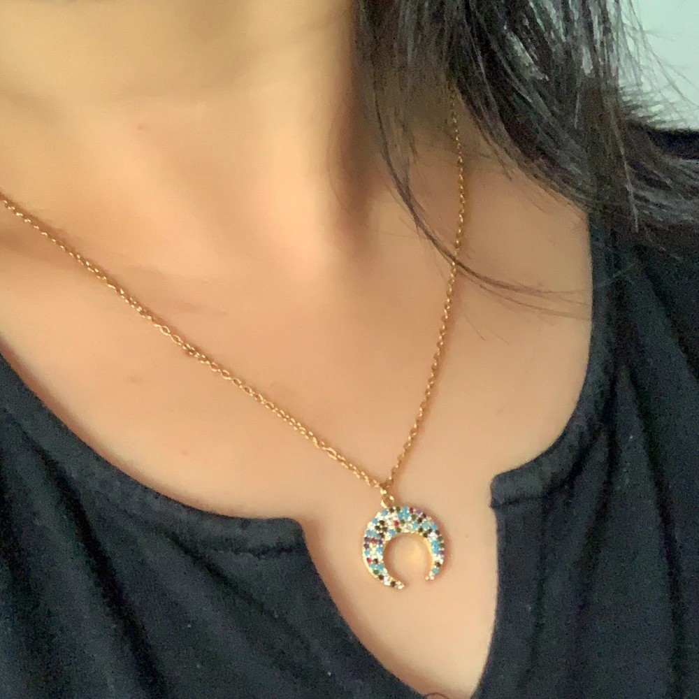 Винтаж сверкающих микро паве ЧР Луна рога Шарм Цепочки и ожерелья Золото Цвет