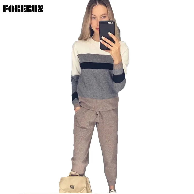

FORERUN Striped Knitted Sweater and Pants Women Winter Casual Tracksuits