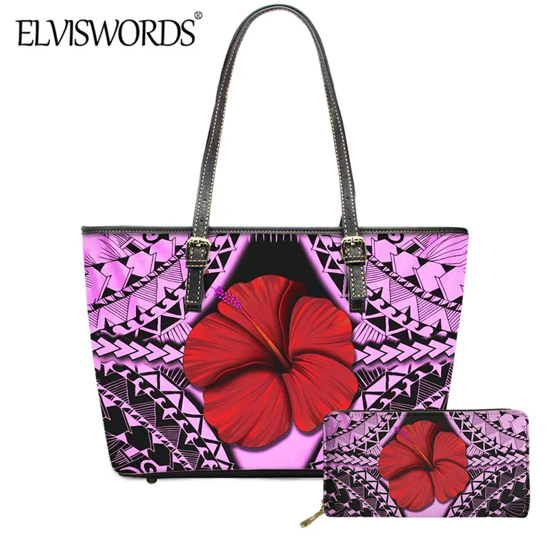 

ELVISWORDS Women's Luxury PU Leather Handbag Set Red Hawaii Hibiscus Polynesian Tribal Pattern Ladies Large Tote Long Wallet