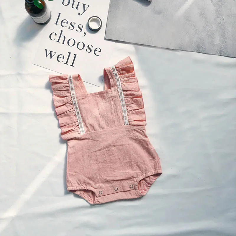 

Infant Baby Girls Flare Sleeve Solid Print Rompers Kids Bodysuit Jumpsuit Newborn Pink Clothes