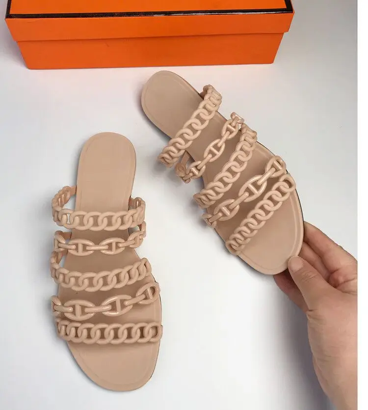 

Women Five Chain Summer Sandals Outside Slip On Soft PVC Flat Slides Fashion Brand Beach Shoes Casual Summer Slippers
