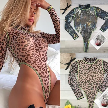 

2020 one-piece swimsuit mesh leopard print long sleeve swimsuit women's one-piece swimsuit assori2002