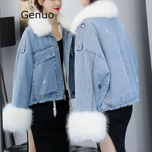 

Genuo Winter Denim Jacket Women Jeans Hooded Velvet Short Coat Female Faux Fur Collar 2020 Padded Warm Jackets Cowboy Outwear