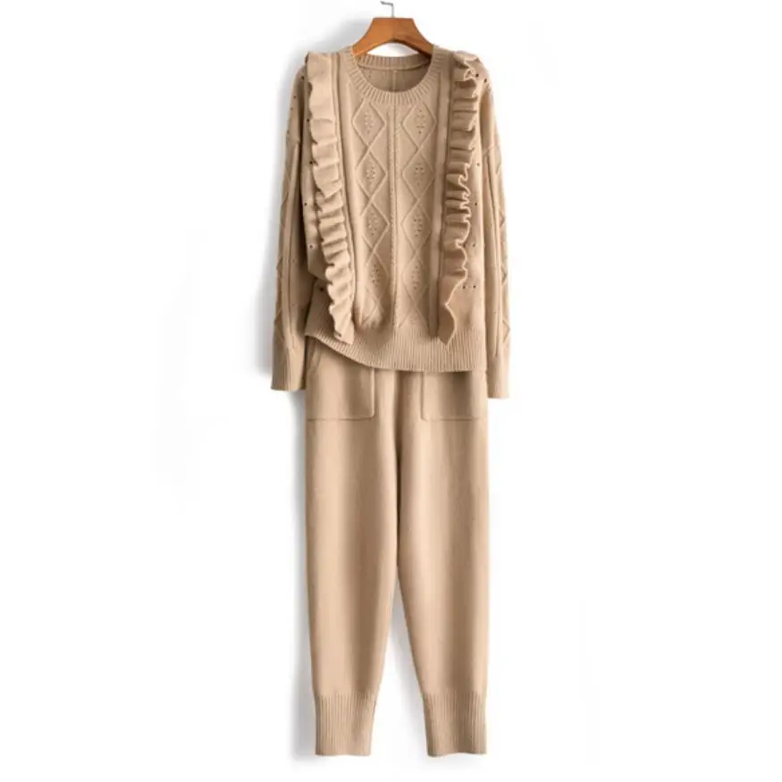 Новейшая мода, шерстяные и кашемировые вязаные теплые костюмы шерстяной свитер с оборками + кашемировые брюки из норки комплекты из двух пр... Новейшая мода, шерстяные и кашемировые вязаные теплые костюмы шерстяной свитер с оборками + кашемировые брюки из норки комплекты из двух пр...