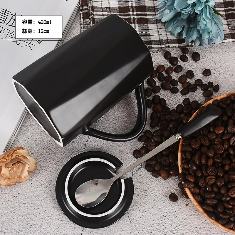 Nordic style creative trend cup couple mug personality ceramic cup with lid spoon household coffee cup teacup best gift - Color: B black