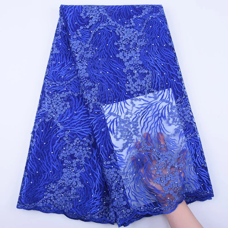 

French Mesh Tulle Lace Fabric High Quality Stones with Embroidery Lace African Lace Fabric Nigerian blue Lace Fabric For Wedding