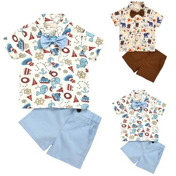 

6M-5Y Summer New 2pcs/lot Kids Baby Boy Clothes Suit Bow Tie Print short sleeved Shirt + pure color Shorts baby boy clothes
