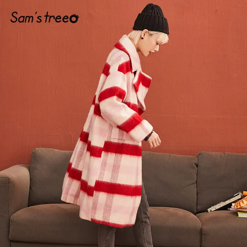 SAM'S TREE/красное клетчатое однобортное шерстяное Женское пальто с графикой Brit, зимняя Корейская женская верхняя одежда с рукавом три четверти
