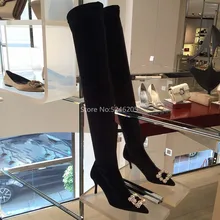 Botines Mujer; женская обувь; Женские Сапоги выше колена; осенне-зимние высокие сапоги из эластичной кожи с острым носком, квадратными пряжками и кристаллами