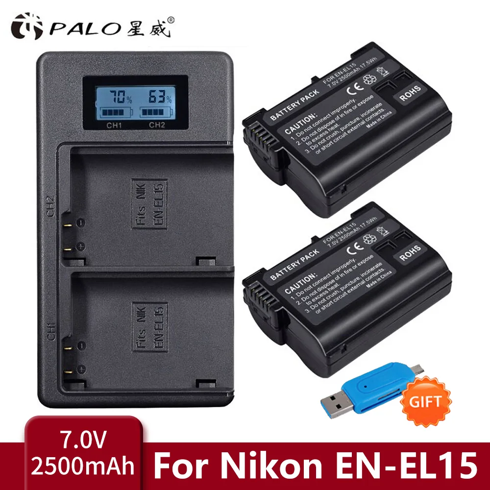 PALO EN-EL15 es EL15 ENEL15 EL15A baterías LCD doble USB cargador para Nikon D600 D610 D600E D800 D800E D810 D7000 D7100 d750 V1