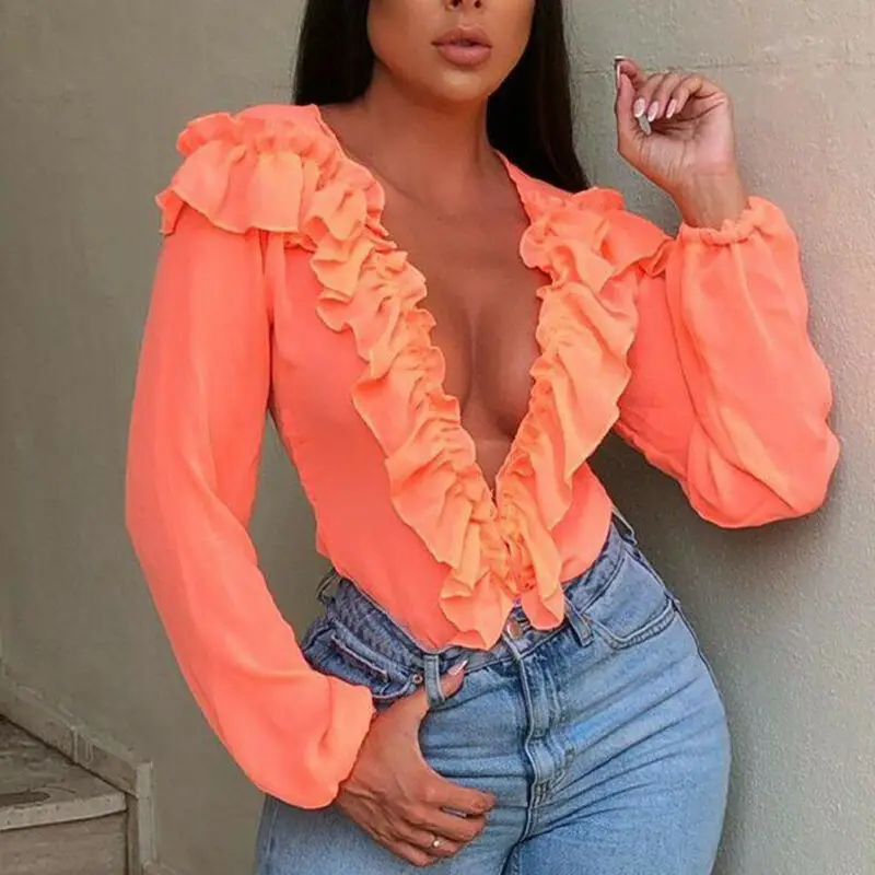 

Women Sheer Mesh V-neck Blouse Fall Spring Ladies Ruffle Long Sleeve Shirt Perspective Top Shirts Sexy Female Transparent Blouse